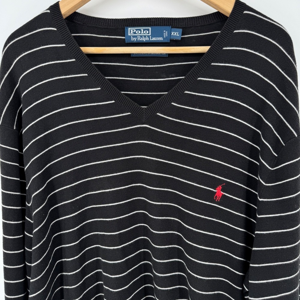 Polo Ralph Lauren V Neck Sweater Mens 2XL XXL Black Striped Pima Cotton Pony